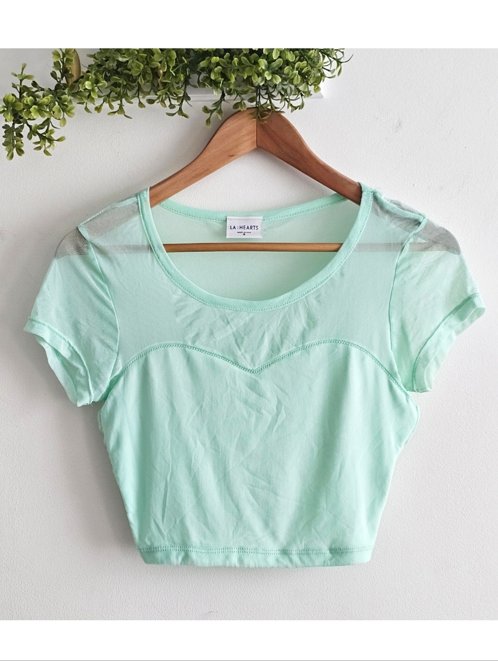 LA Hearts Mint Green Mesh Crop Top Sheer Y2K Stretch Tee Small USA